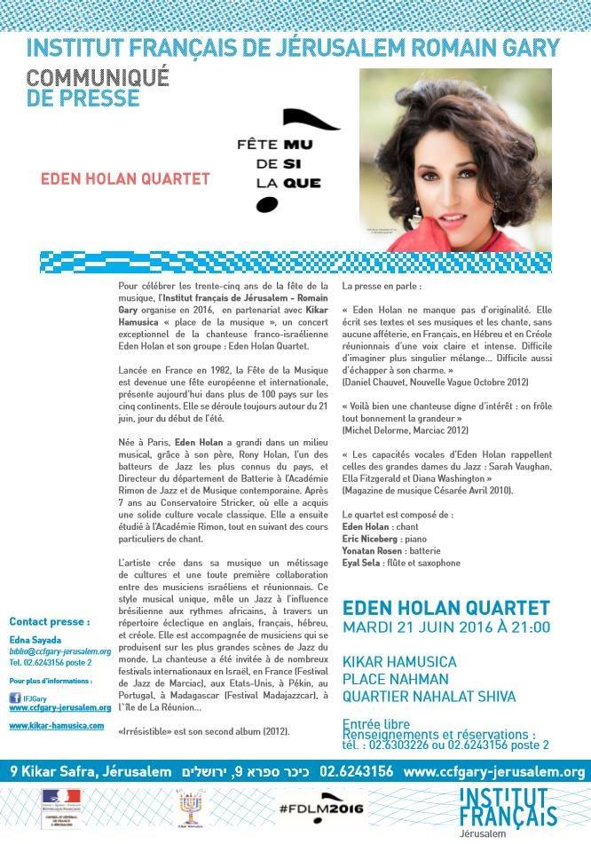 הודעה לעיתונות של Institut français de Jérusalem - Eden Holan Quartet, פסטיבל פט דה לה מוזיק