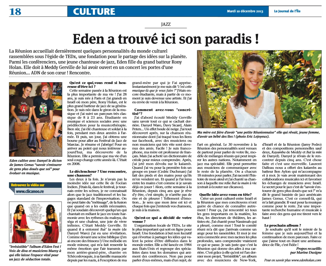 כתבה ב-Le Journal de l'Île - עדן מצאה כאן גן עדן