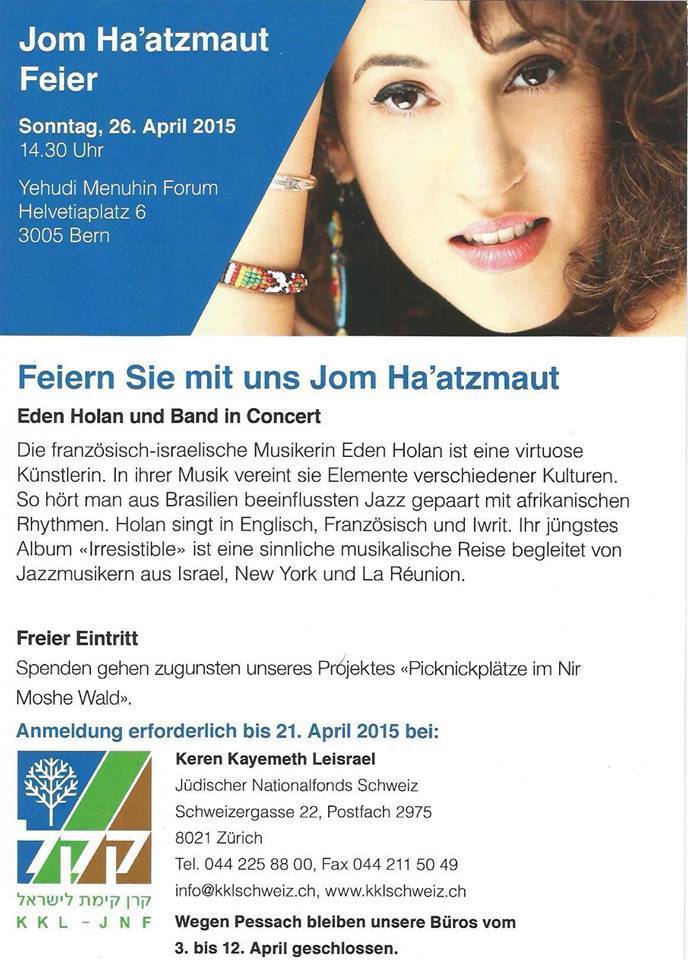 הזמנה לקונצרט של עדן הולן ולהקתה ב-Yehudi Menuhin Forum בברן